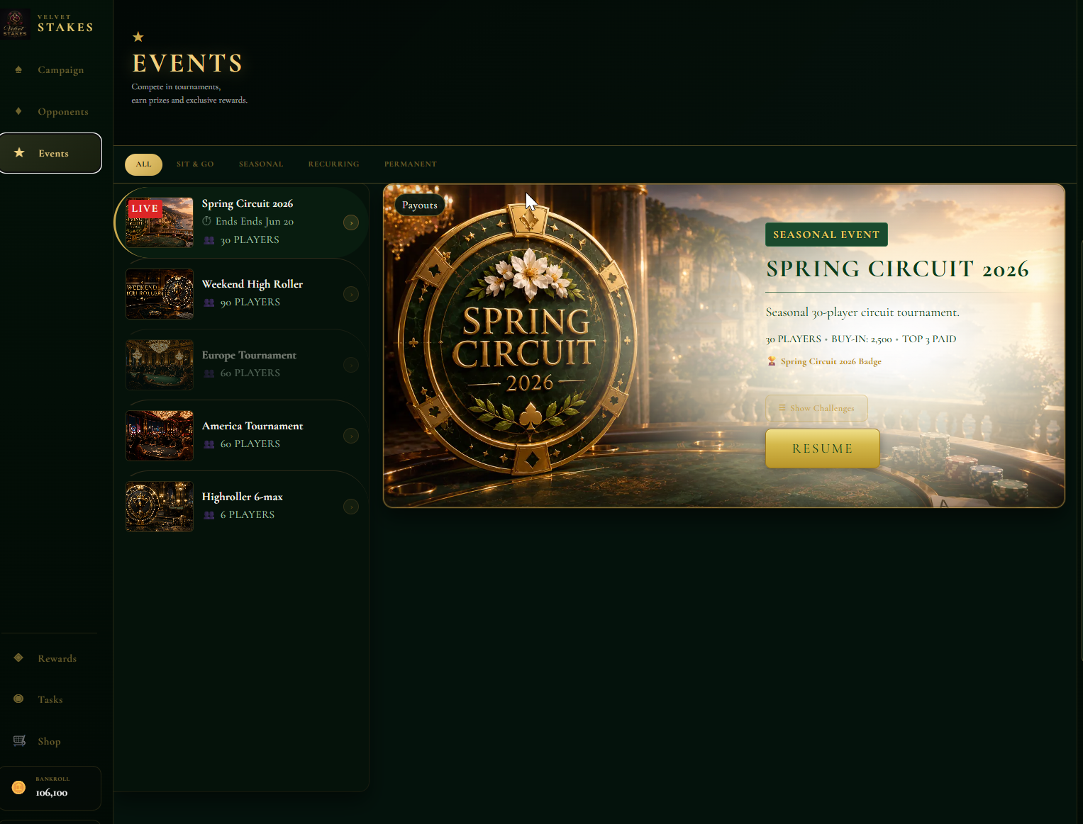 Strip poker tournament events and circuit screen